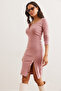 Women's Dusty Rose Button Detailed Slit Raster Stretchy Dress Elb- 19002307 - 4