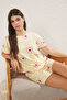 Sarı-Çok Renkli Çiçekli ve Çizgili Baby Overlok Detaylı Şortlu Örme Pijama Takımı THMSS25PT00205 - 4