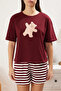 Bordo %100 Pamuklu Ayıcıklı Şortlu Örme Pijama Takımı THMSS24PT00039 - 3