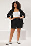 Siyah Relaxed Fit Dokulu Kumaş Büyük Beden Örme Şort & Bermuda TBBSS25AP00005