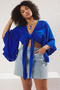 Plaj Giyim Indigo Crop Kolu Fırfırlı Volanlı Kruvaze Yaka Bluz TBBSS24AF00071