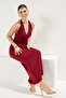 Bordo V Yaka Büzgü/Drape Detaylı Bodycone/Vücuda Oturan Esnek Maxi Örme Elbise TWOSS25EL00096 - 2