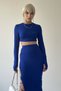 Women's Cobalt Blue Sandy Fabric Hand-Tied Crop Top and Slit Lace Detail Midi Skirt Double Set 299 - 5