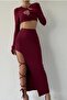 Burgundy Stretchy Fabric Hand-Held Crop Blouse and Slit Lace-Up Design Midi Skirt Two-Piece Set 299
