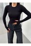 Women's Black Cotton Finger Snap Detail Long Sleeve Crew Neck Blouse