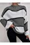 Gray White Half Fisherman Oversize Women's Striped Knitwear Sweater - 4