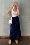 Navy Blue Elastic Waist Crinkled Micro Long Women's Skirt Mg2155 - 5