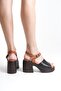 Genuine Leather Black Tan 10 cm Platform Orthopedic Single Strap Women's Sandals - 5