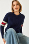 Women's Navy Blue V-Neck Patterned Knitwear Sweater 20246919 - 2