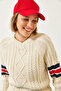 Women's Ecru V-Neck Patterned Knitwear Sweater 20246919 - 5