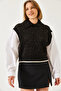 Women's Black Shirt Collar Openwork Knitwear Sweater 20246272 - 3