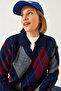 Women's Navy Blue Anthracite Polo Collar Patterned Knitwear Sweater 20247580