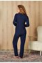 Women's Navy Blue Waffle Fabric Red Stitching Detail T-Shirt Pajama Set 4204 - 2