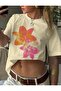 Women's Cream Double Floral Printed Trend Oversize Tshirt