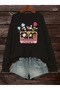 Women's Black Cassette Flower Pot Printed Crew Neck Oversize Sweatshirt