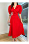Red Double-breasted Midi Dress with Stone Detail and Drap - 2