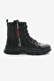 Women's Black Leather Thermo Sole Side Stripe Lettering Lace up and Zippered Boots - 2