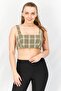 Women Square Neck Sleeveless Checkered Cropped Top, Khaki