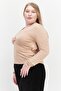 Women Curvy Fit V-neck Long Sleeve Solid Top, Tan - 4