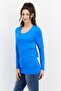 Women Round Neck Long Sleeve Plain Top, Blue - 2