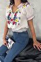 Women's White Floral Embroidery Embroidered Cotton Crop Blouse - 4