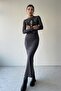 Women's Stretchy Sandy Fabric Long Sleeve Midi Smoked Basic Dress 323 - 7