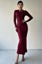 Women's Stretchy Sandy Fabric Long Sleeve Midi Burgundy Basic Dress 323