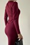 Women's Stretchy Sandy Fabric Long Sleeve Midi Burgundy Basic Dress 323 - 3