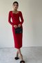 Women's Atlas Fabric Sweetheart Neck Long Sleeve Red Midi Pencil Dress 321 - 5