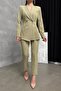 Women's Blazer Jacket and Trousers Set Light Khaki Pleated Straight-Leg - 5
