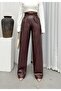 Pleated High Waist Palazzo Leather Look Trousers Brown 7565 - 2