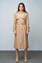 Reglan Sleeve Double-Breasted Leather Trench Coat with Epaulet and Cape Detail Kamel 6610 - 5