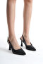 Black Leather Pointed Gold Buckle Heeled Shoes - 2