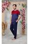 Men's Navy Blue Red Printed Crew Neck T-Shirt Pajamas Set 25Y4560