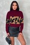 Women's Burgundy Standard Size Leopard Print Turtleneck Knitwear Sweater - 6