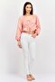 Women Tie Neck Long Sleeve Plain Crop Top, Pink - 4