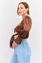 Women Asymmetrical Neck One Shoulder Sleeves Ring Detail Crop Top, Brown - 4