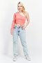 Women Asymmetrical Neck One-Shoulder Sleeve Ribbed Top, Coral - 2