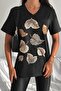 Women's Black V-Neck Large Size Leaf Sequin Sequin Embroidered 100% Cotton Large Size T-Shirt