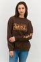 Women Crew Neck Long Sleeves Embroidered Sweatshirt, Dark Brown