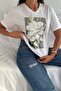 Women's White V-Neck Plus Size Flower Pattern Sequin Sequin Embroidered 100% Cotton Plus Size T-Shirt - 4