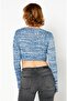 Women Knitted Long Sleeved Lacing Top, Blue Melange - 3