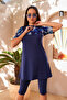 Zipper Detailed Short Sleeve Semi Closed Hijab Swimsuit 3170 - 2