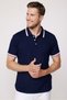 Men's Slim Fit Slim Fit 100% Cotton Plain Pique Sleeve Striped Navy Blue Polo Collar T-Shirt