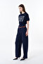 Belt Detailed High Waist Wide Leg Trousers Navy Blue - 3