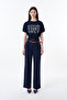 Belt Detailed High Waist Wide Leg Trousers Navy Blue