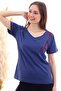 20050526 Single Jersey Short Sleeve Blouse with Floral Embroidery on the Shoulder Indigo - 5