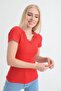 91515270 Ribbed Knit Front and Back V Lace Short-Sleeved Blouse Red - 2