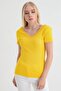 91515270 Ribbed Knit Front and Back V Lace Short-Sleeved Blouse Yellow - 4