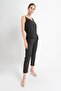9181820 Knitted Crepe V-Neck Strap Blouse Black Striped